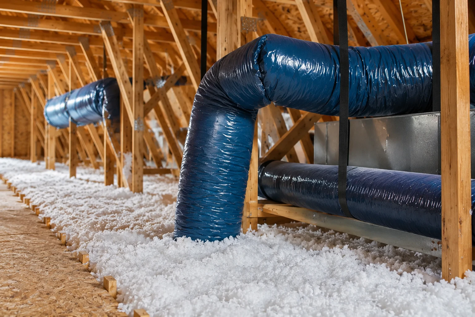 Attic with loose-fill insulation around large blue flexible ducts and exposed wooden framing.
