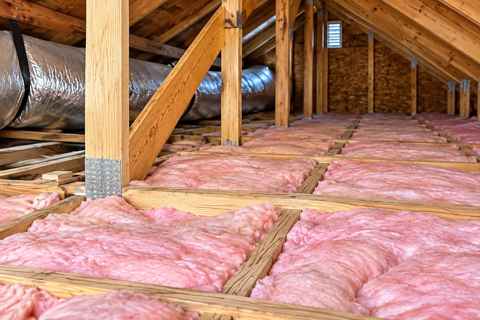 Pink fiberglass batts lie between the exposed joists in an attic with wooden rafters and a flexible air duct.