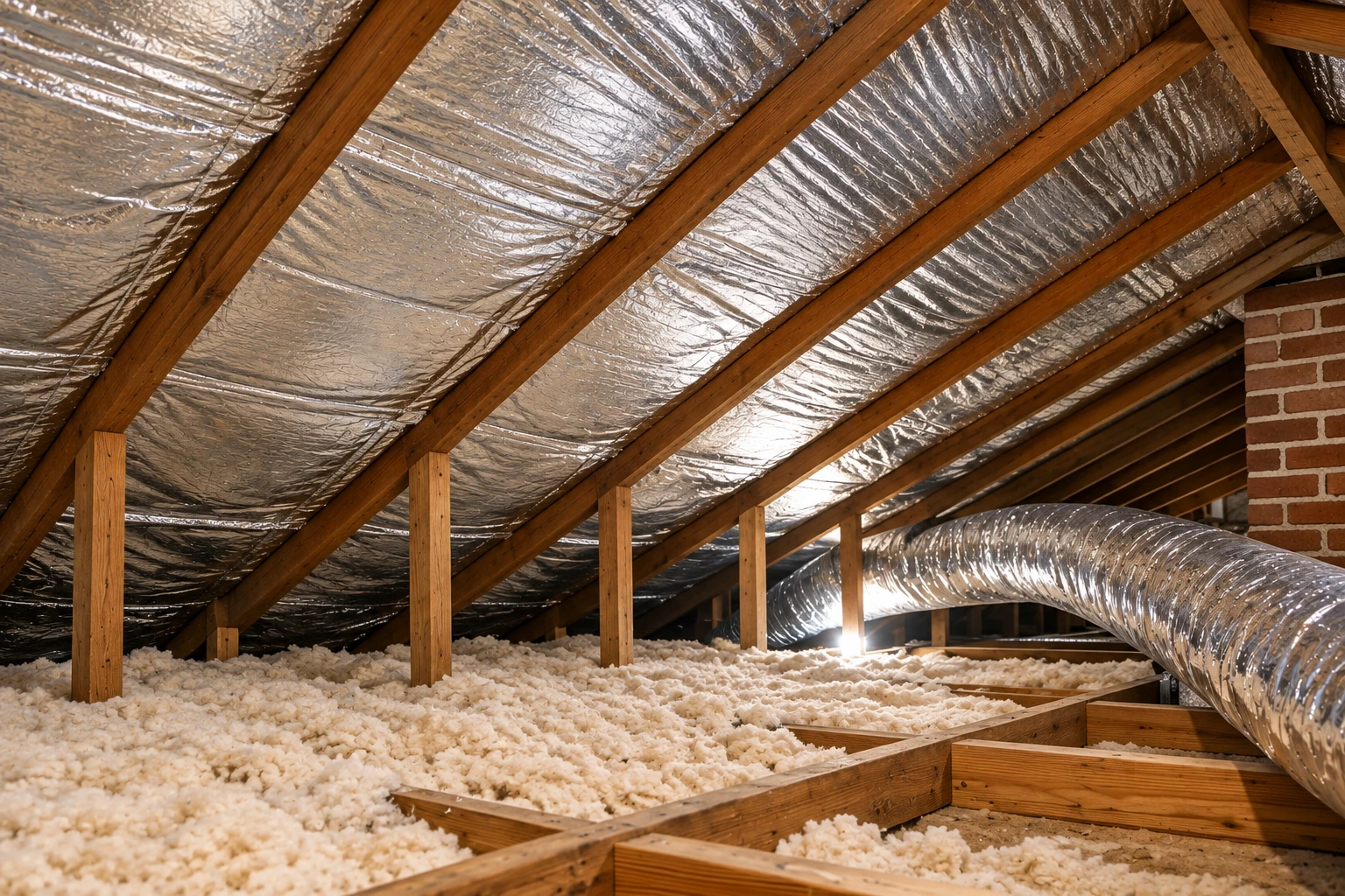 An attic with reflective foil along the rafters, loose insulation across the floor, and a large flexible duct.