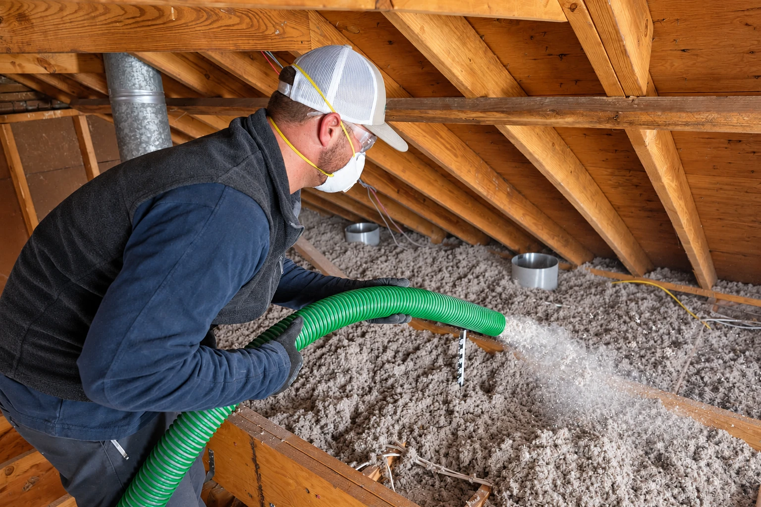 A worker in protective gear spreads loose-fill insulation across an attic floor with a green hose.