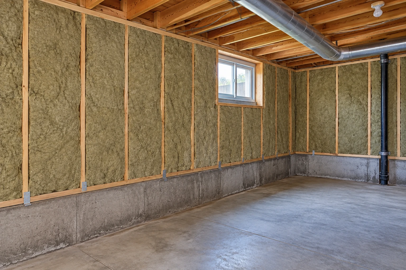 Basement walls insulated with green fiber batts between wooden studs above a concrete foundation.