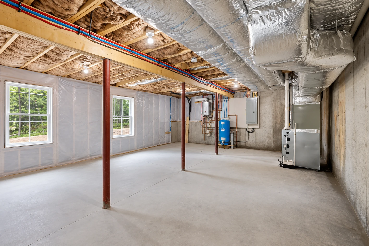 A basement with insulation between ceiling joists, large silver HVAC ducts, utility equipment, and plastic-covered walls.