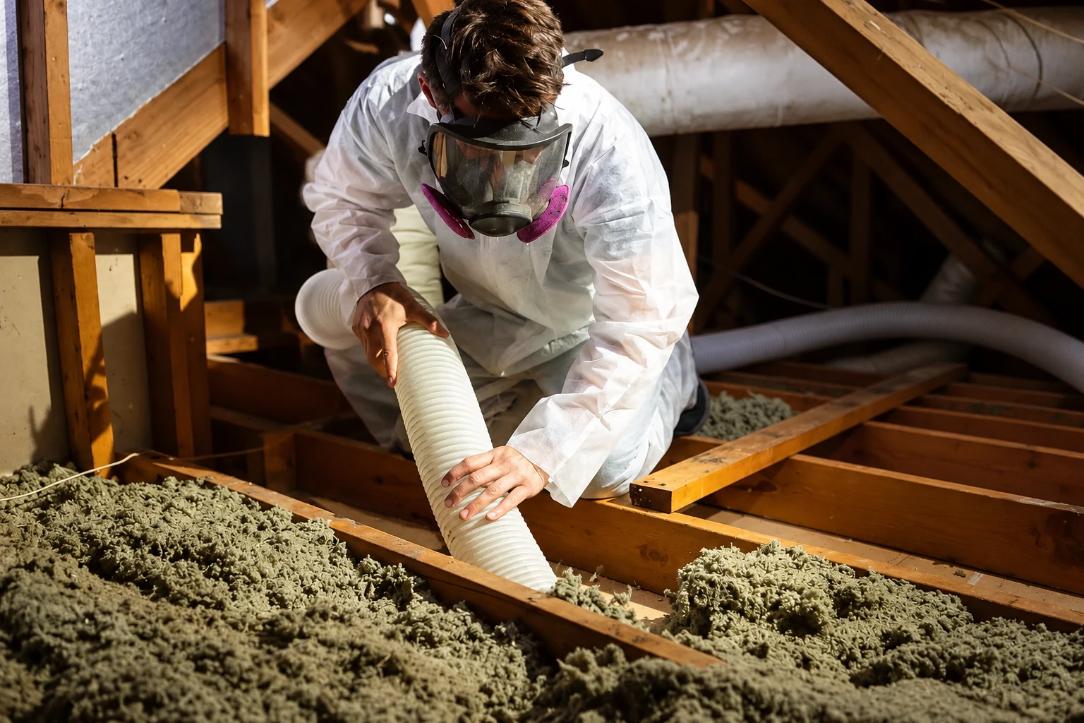 A worker in protective coveralls directs a white hose over loose-fill insulation in an attic.
