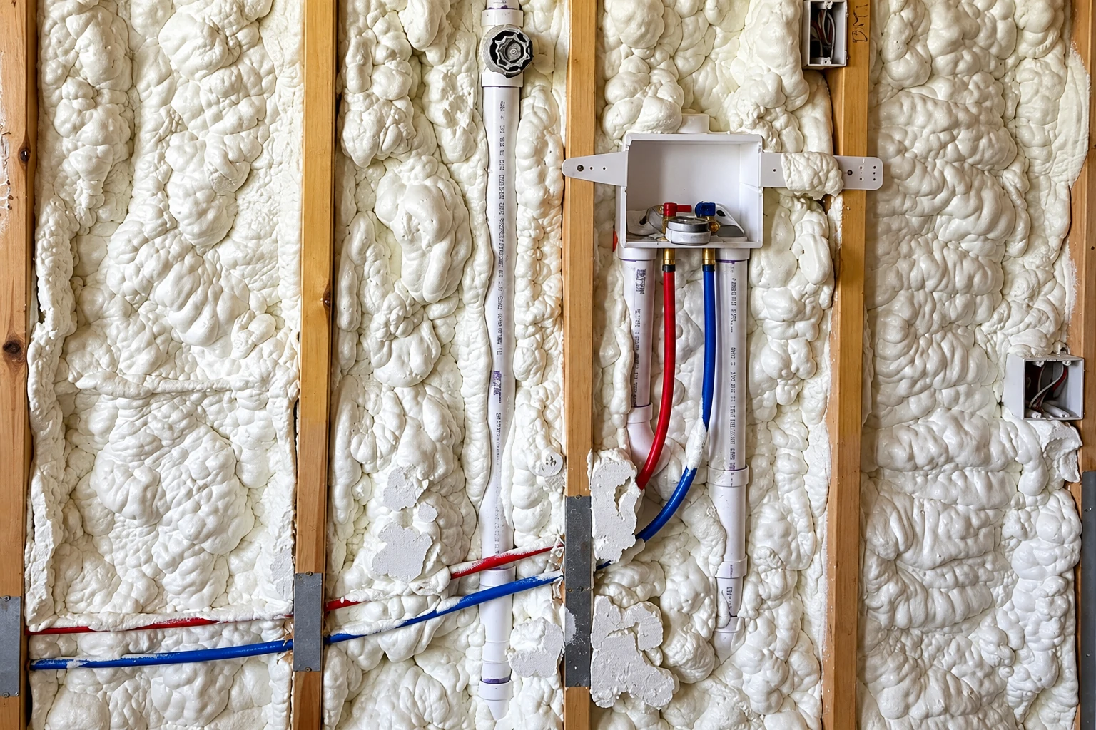 Thick white closed-cell foam insulation fills wall cavities around exposed pipes and utility connections.