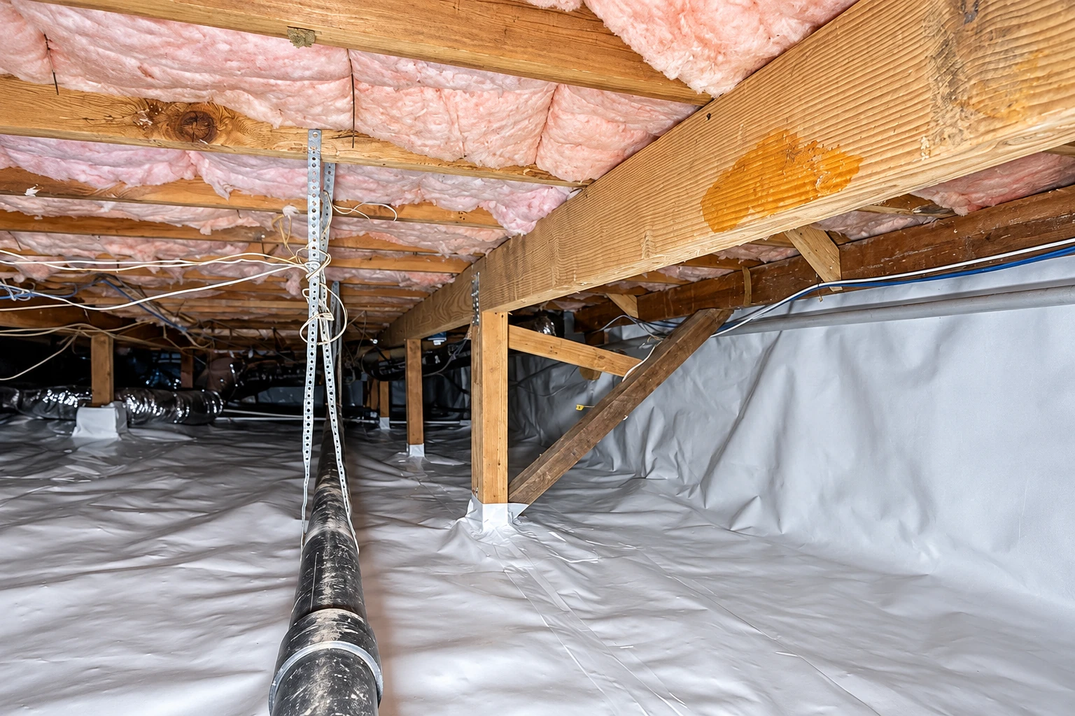 Crawl space with pink insulation between ceiling joists, a plastic vapor barrier on the floor, and exposed ductwork.