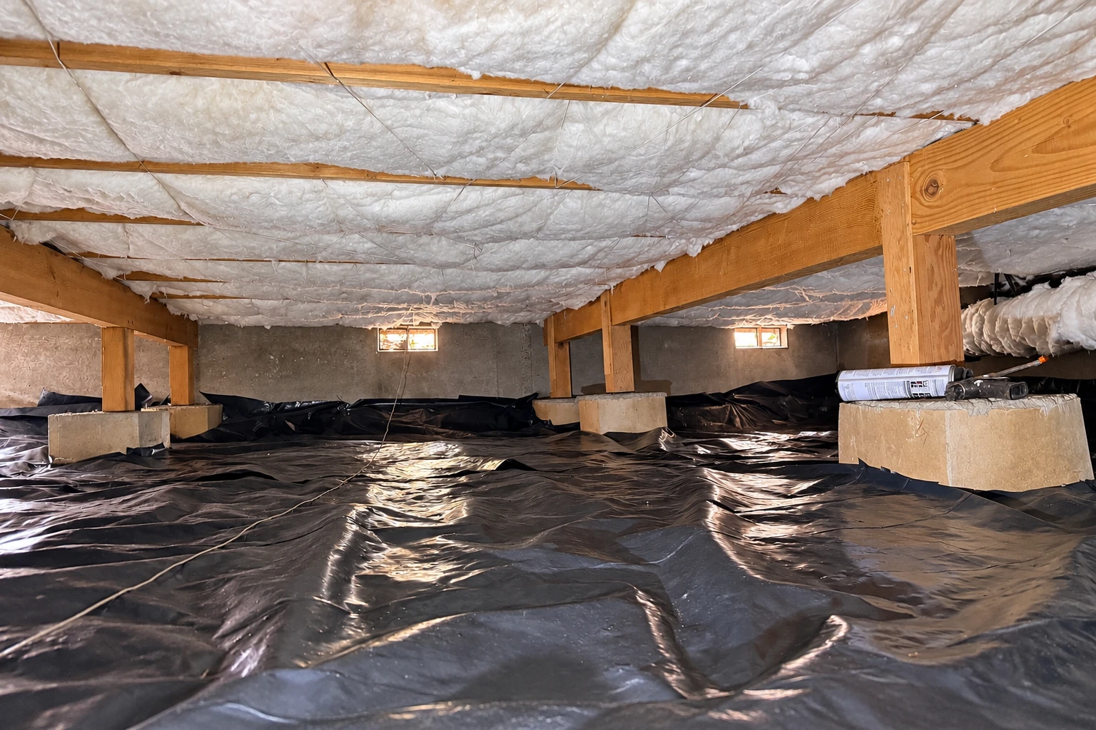 Black vapor barrier sheeting covers a crawl space floor beneath white insulation attached to the ceiling joists.