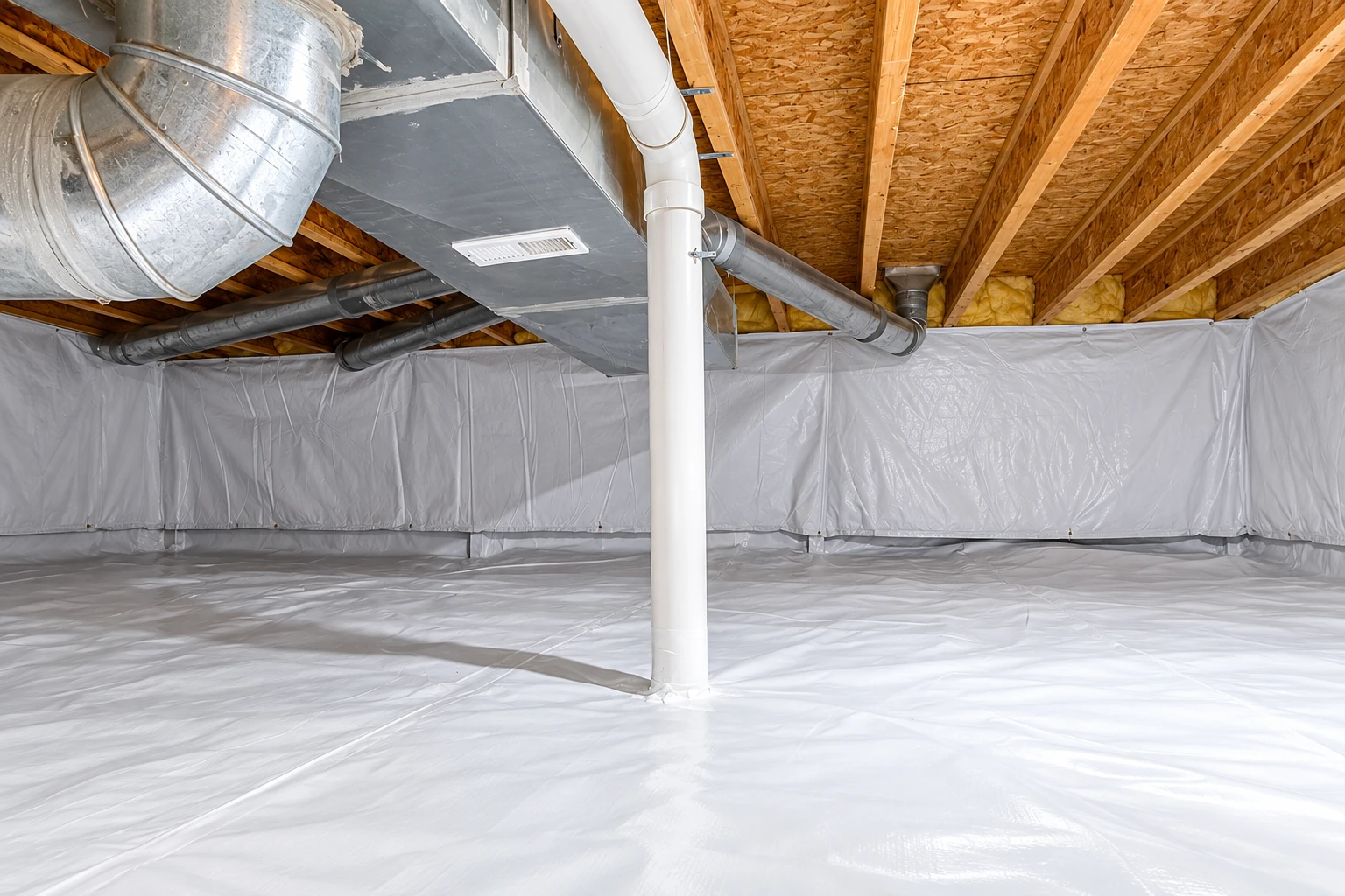 A crawl space has white vapor barrier sheeting across the floor and lower walls beneath exposed joists and ductwork.