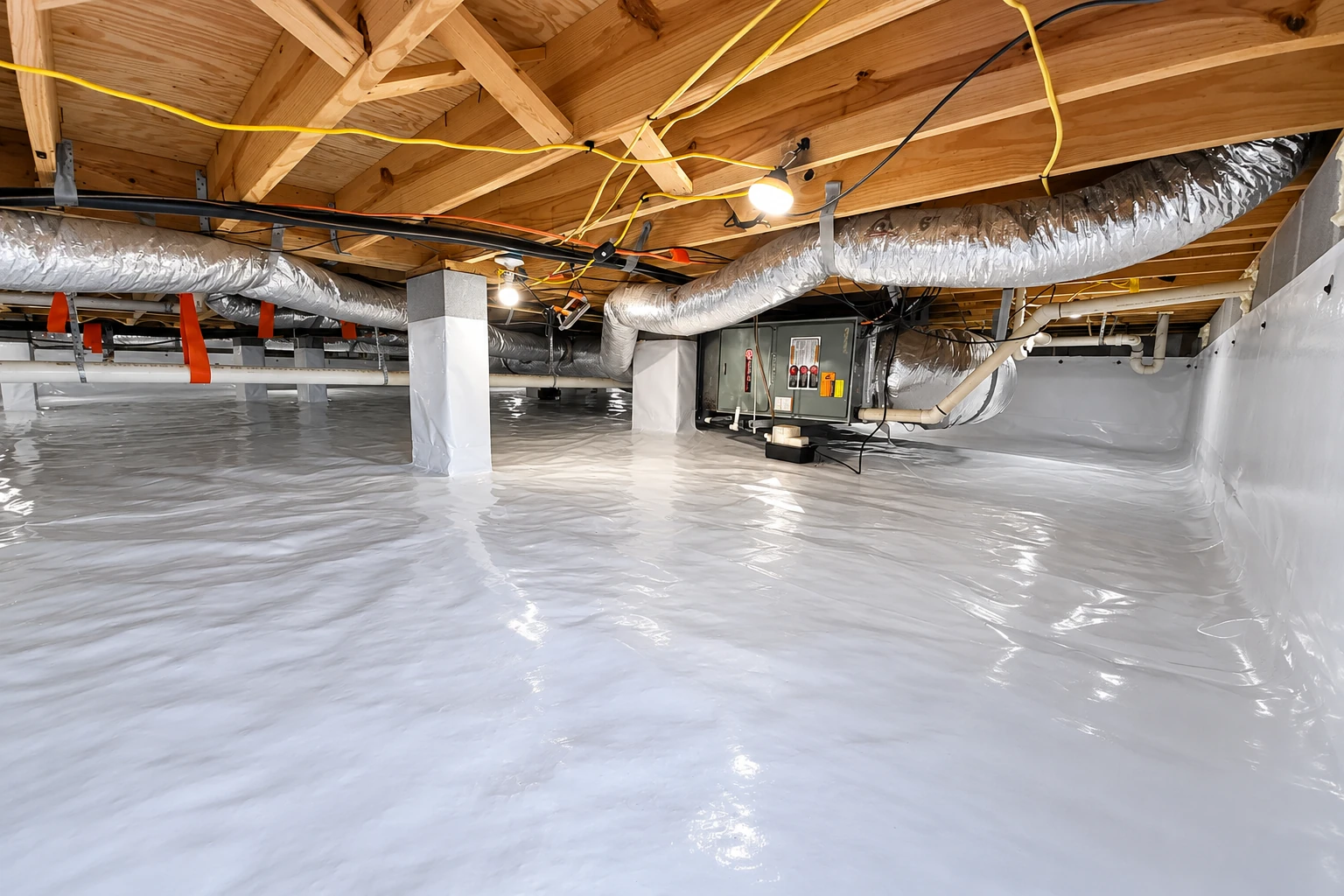 A low crawl space has a shiny white vapor barrier across the floor, with exposed joists, ducts, and wiring overhead.