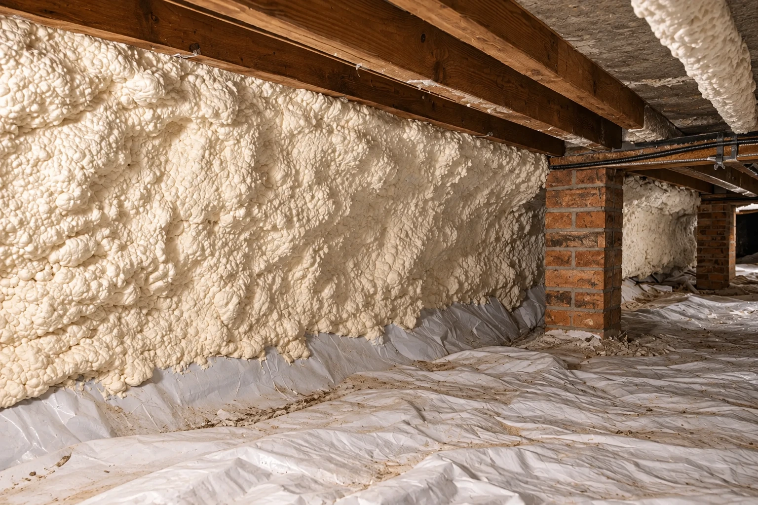 Crawl space wall covered in thick white spray foam, with brick piers, exposed joists, and plastic sheeting on the ground.