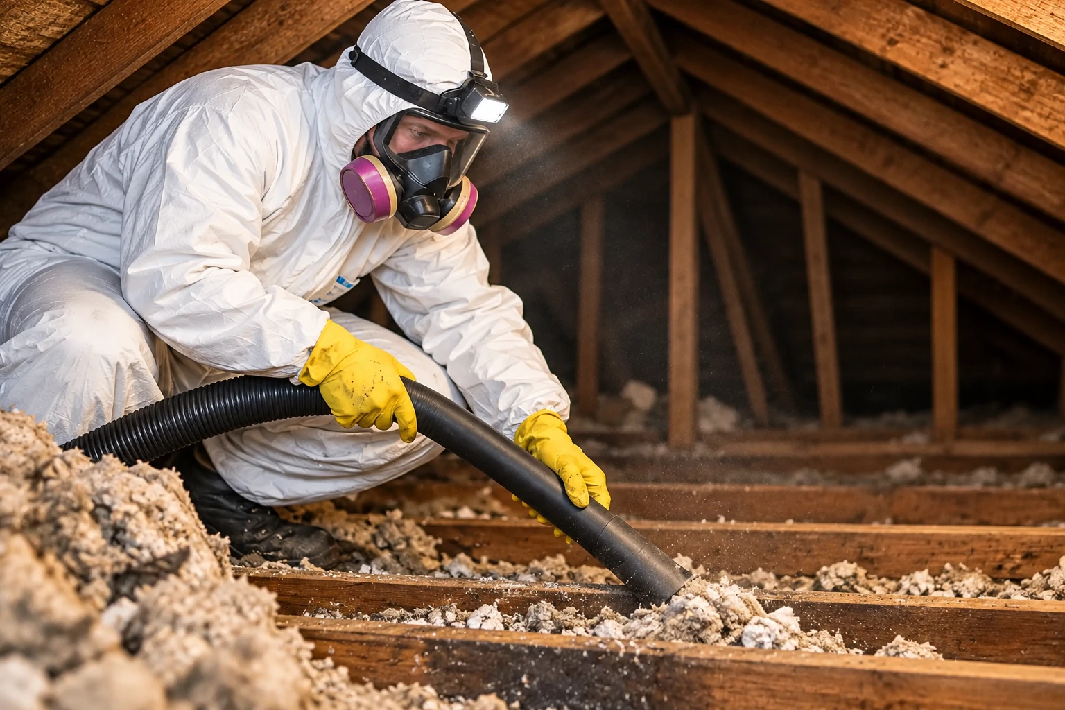 A worker wearing protective coveralls, a respirator, and yellow gloves vacuums loose attic insulation through a black hose.