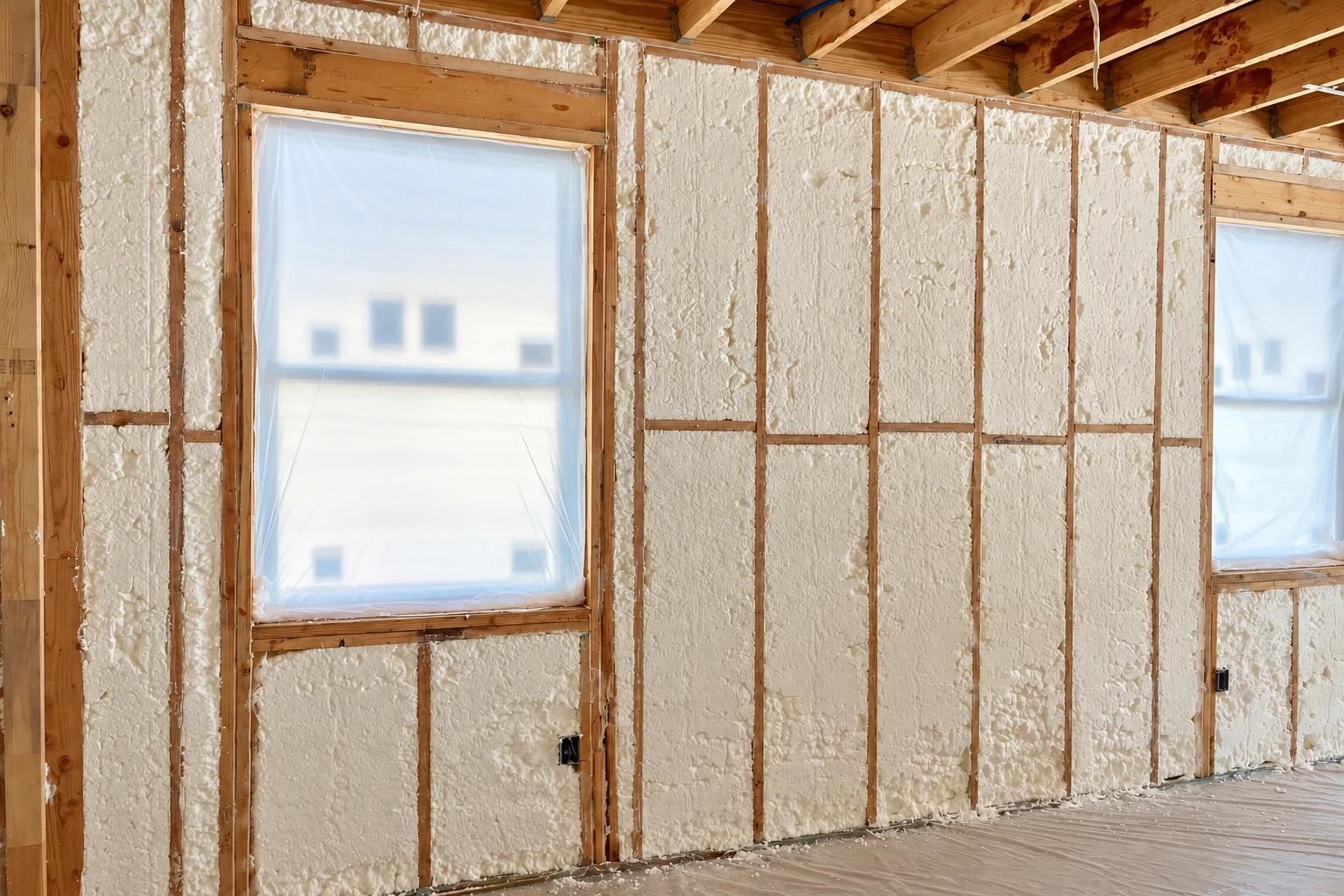 Open-cell spray foam fills the wall cavities of a wood-framed room around two windows covered with protective film.