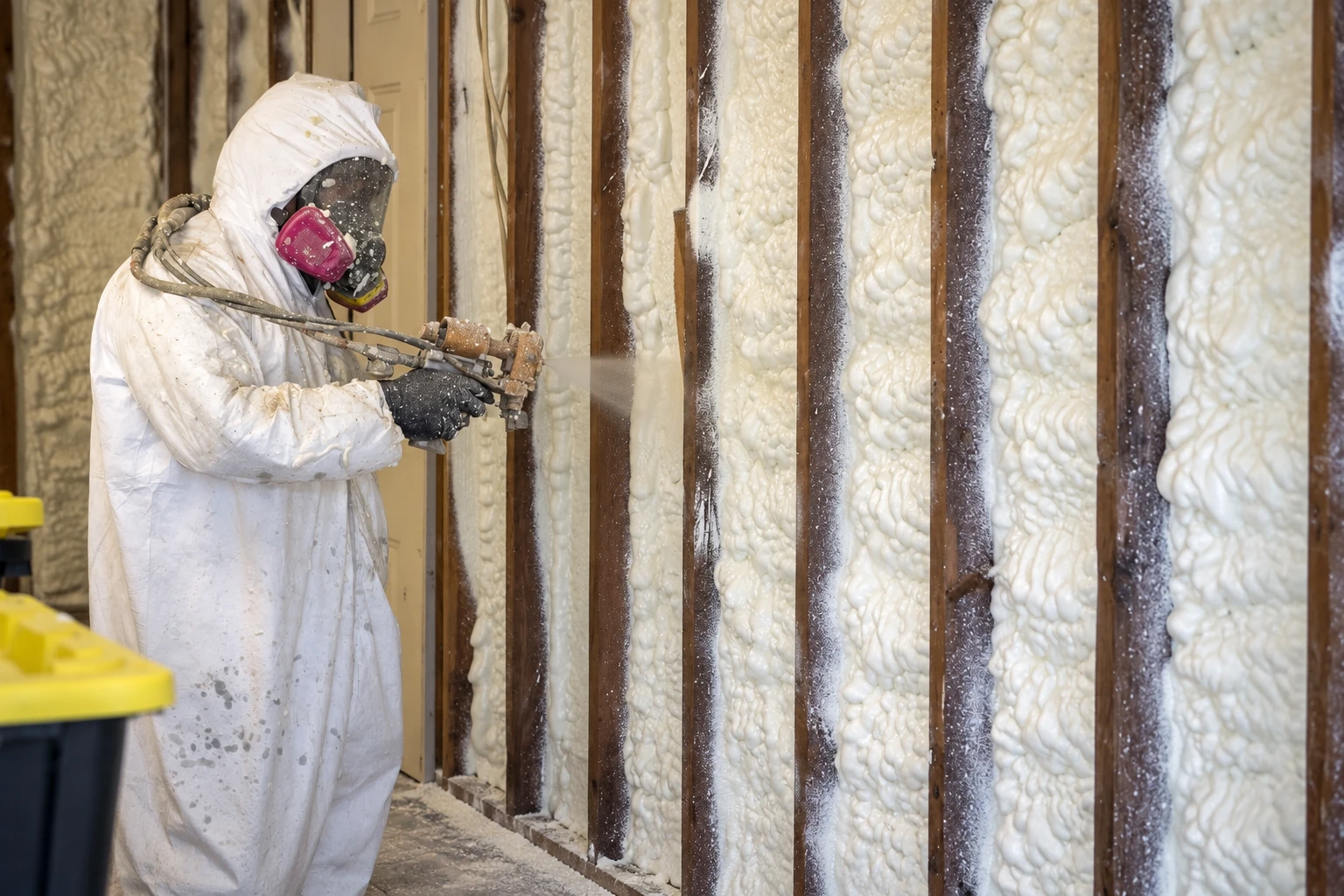 A worker in protective gear sprays foam insulation into the wall cavities between exposed wooden studs.