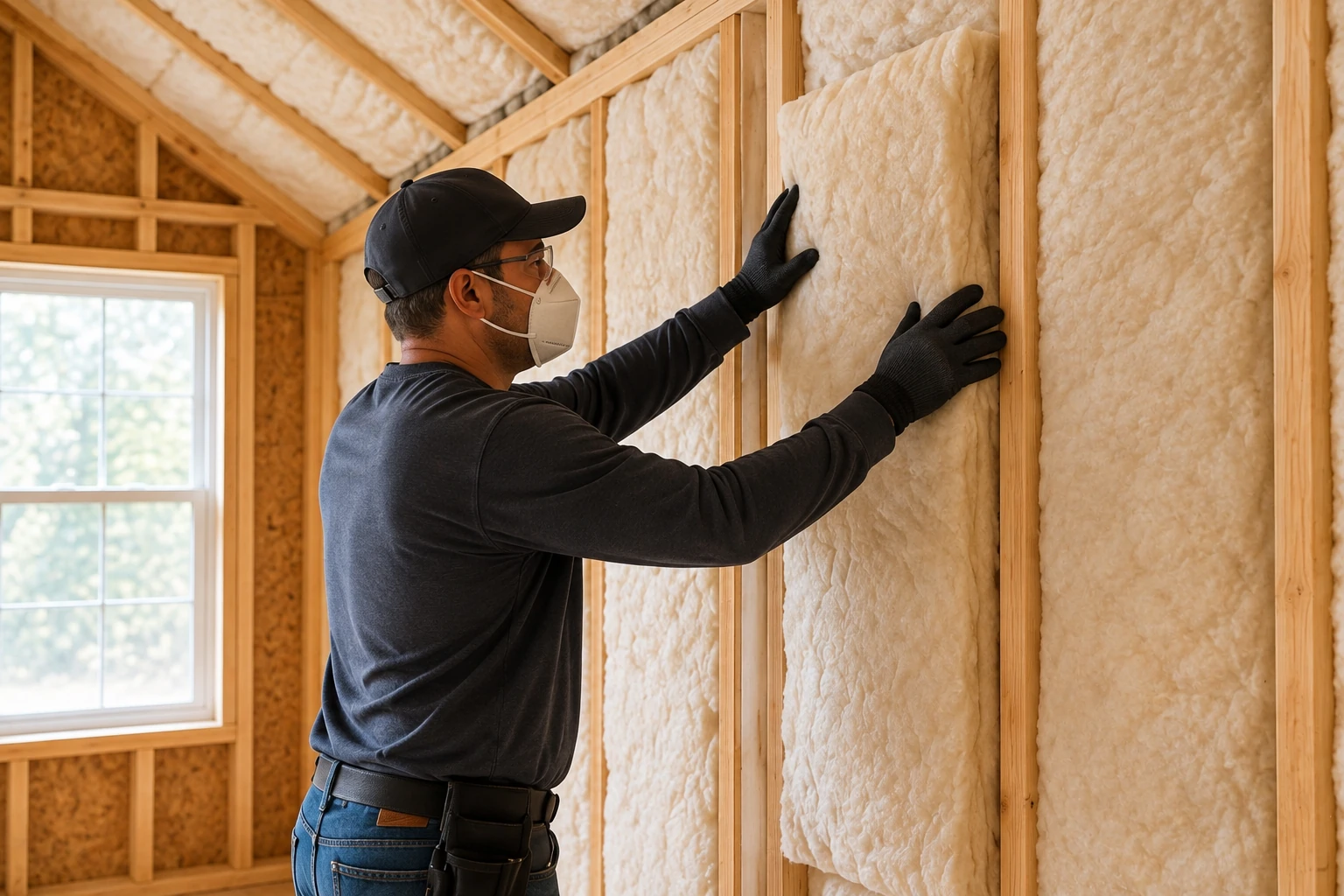 A worker in a mask and gloves presses cream-colored insulation between the wooden studs of an unfinished wall.