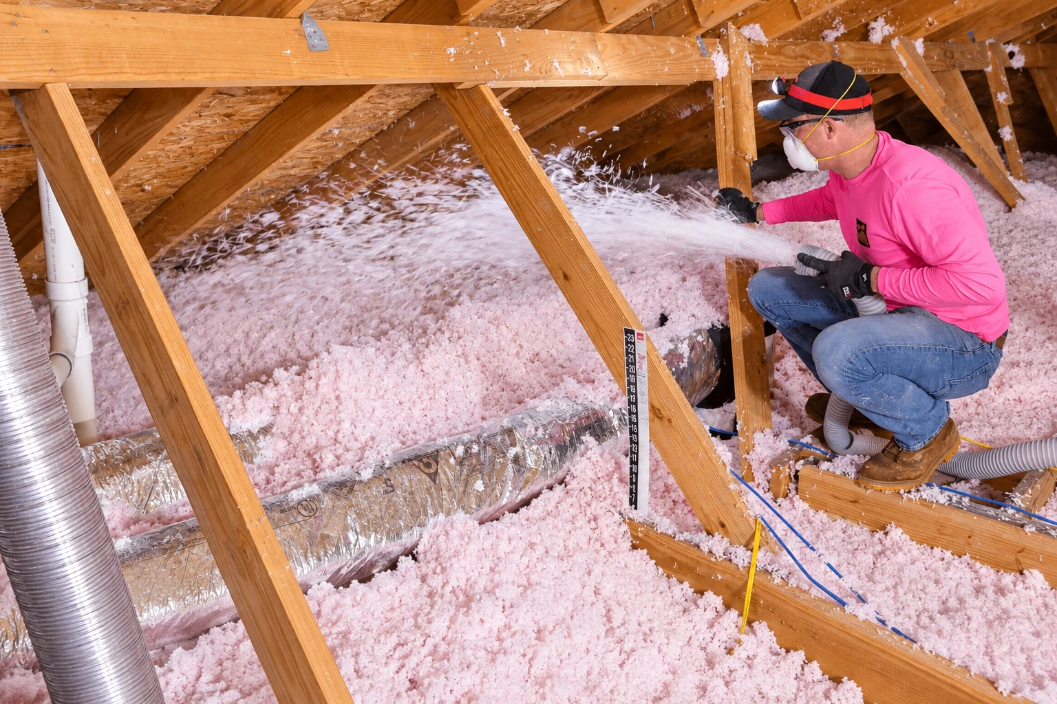 A worker in a bright pink shirt spreads loose-fill insulation across an attic floor among wooden roof trusses.