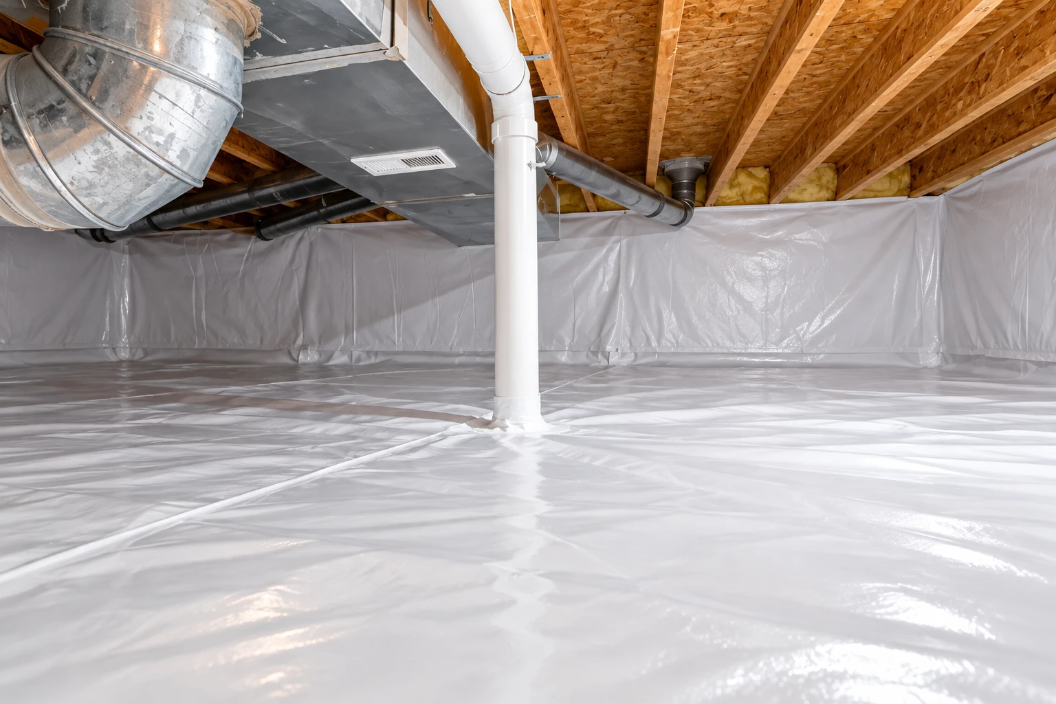 White vapor barrier sheeting covers the floor and lower walls of a crawl space beneath exposed joists and ductwork.