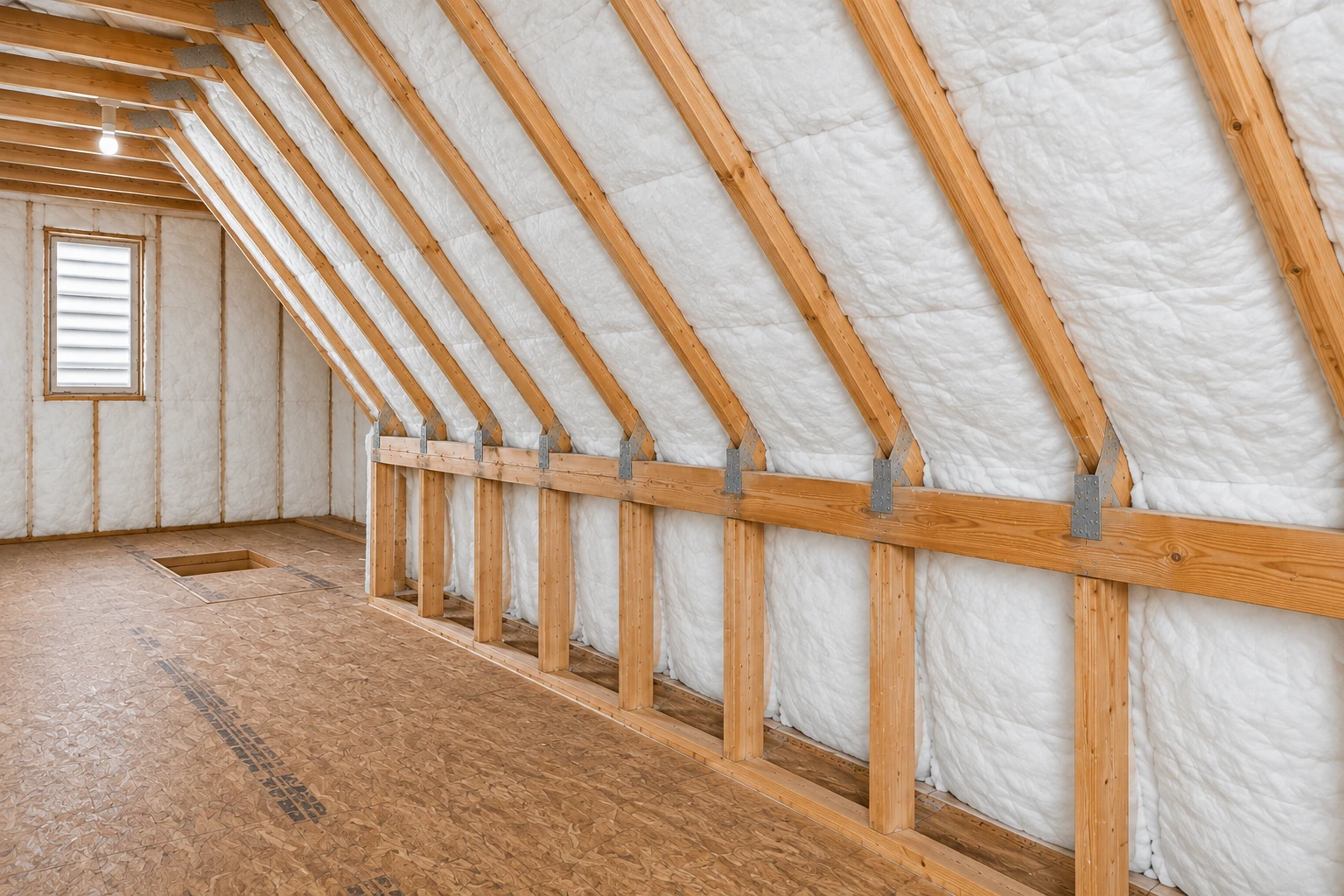 Attic roof and walls fitted with white insulation between exposed wooden rafters and studs.