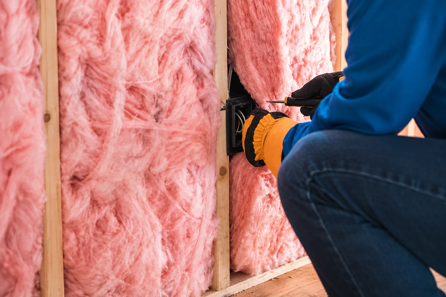 A gloved worker uses a tool near an electrical box set between pink insulation batts in a framed wall.